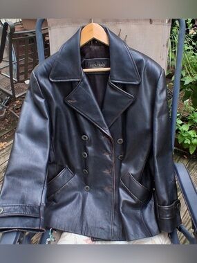 Women’s Vintage Black Authentic Hard Leather Jacket, Size M